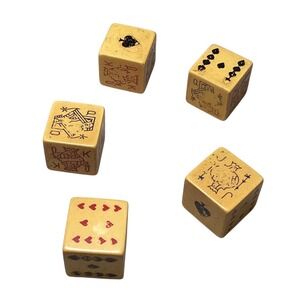 Vintage Poker Dice Set 5 Pc Playing Card Face Bakelite Style Cream Red Black .5"